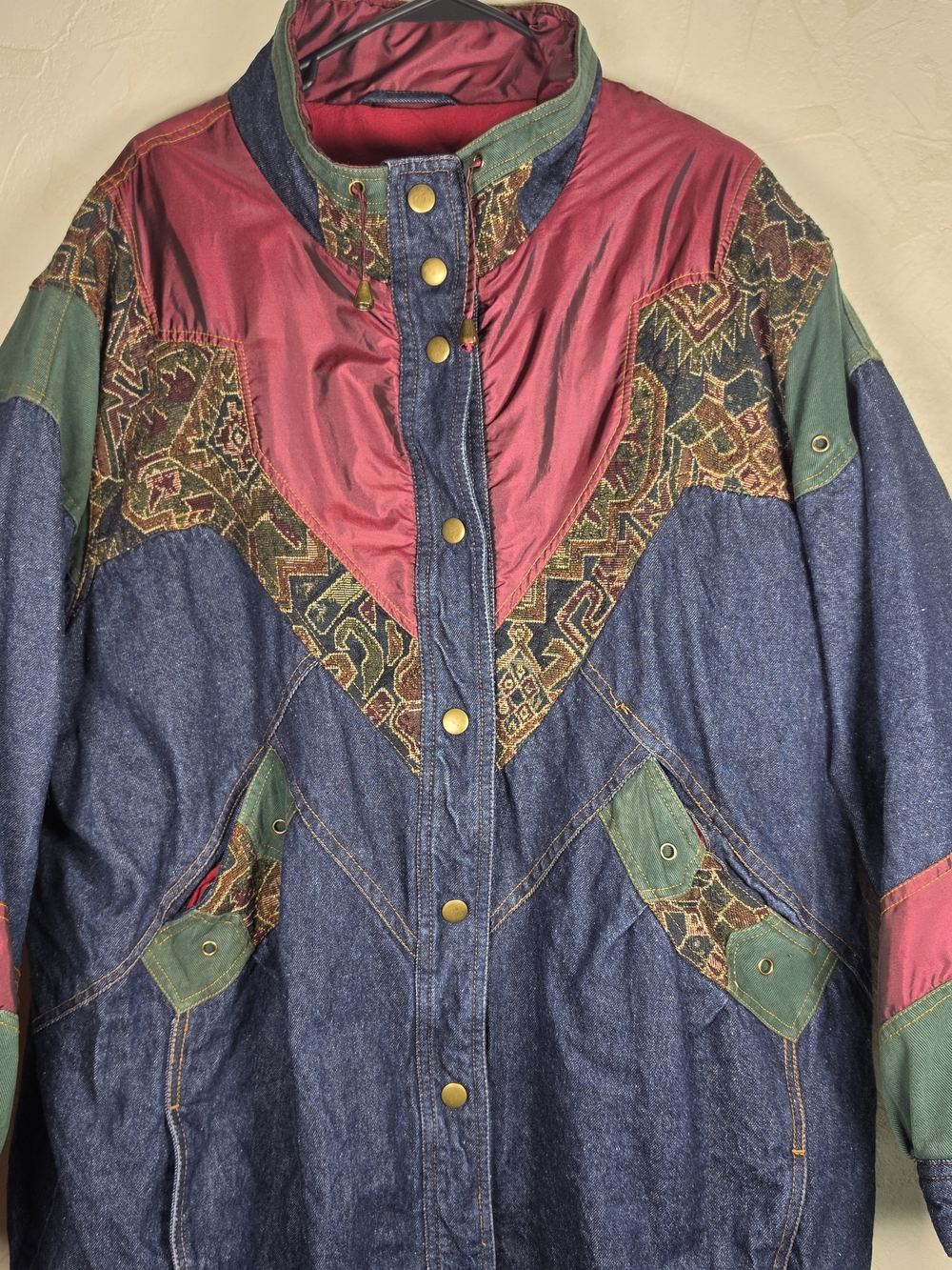 Vintage Denim Tapestry Coat Hunters Run Patchwork Aztec Boho 80s 90s Womens XL